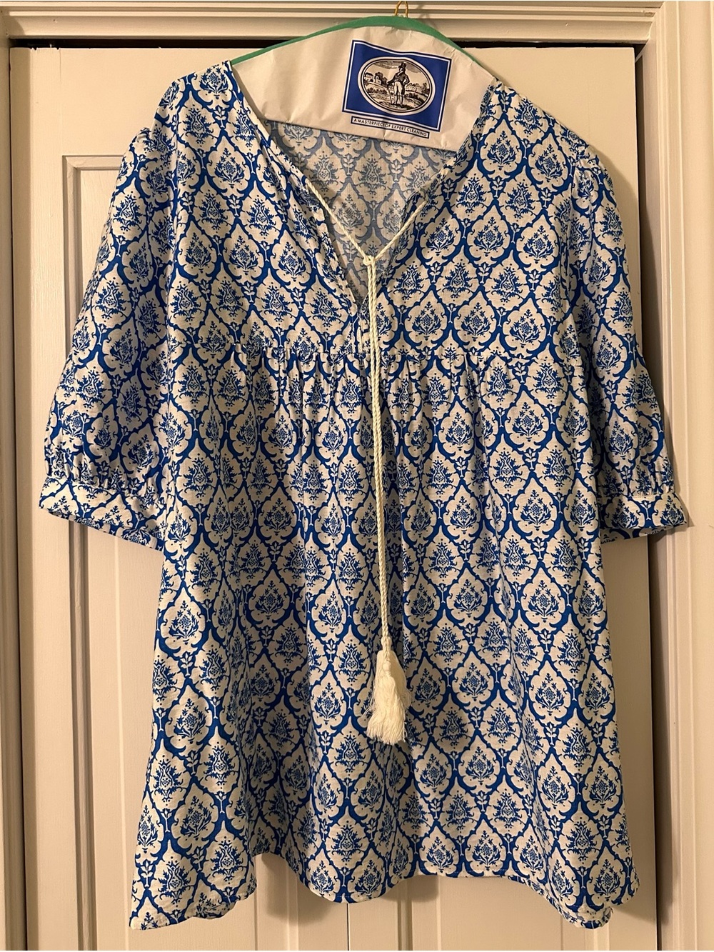 Women’s Blue and White Printed Tunic Top with Tassel Tie